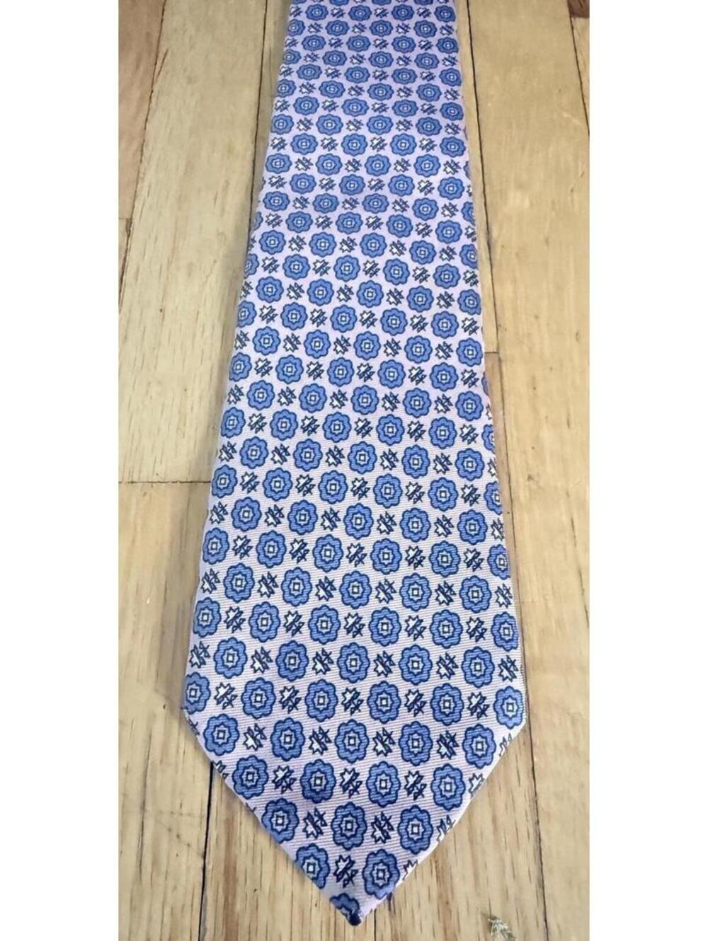 Oscar de la Renta Mens 100% Silk Tie Pink Blue Geometric Medallion USA